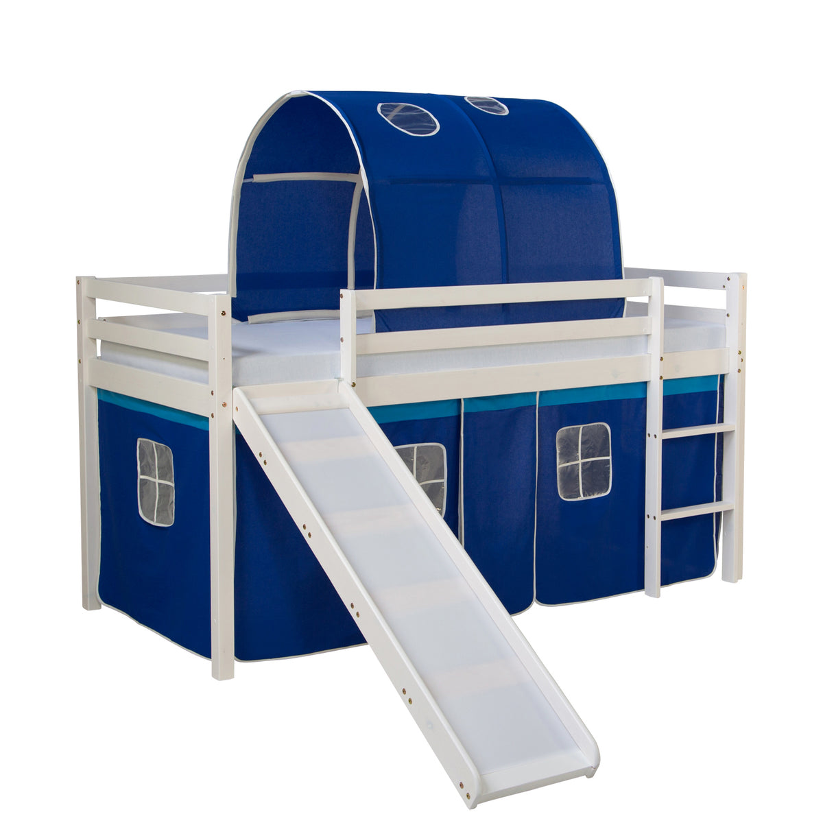 Hochbett Kinder 90x200 cm Weiß mit Vorhang in Blau | Tunnel | Rutsche | mit Lattenrost