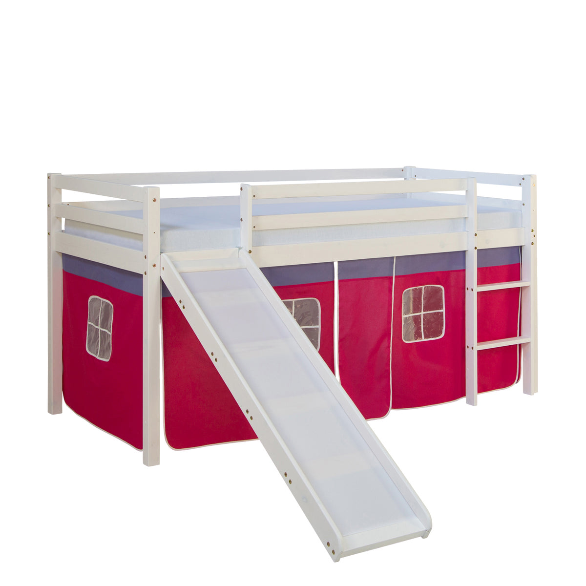 Hochbett mit Matratze 90x200 cm Rutsche Leiter Holz Kiefer Vorhang Pink Lattenrost