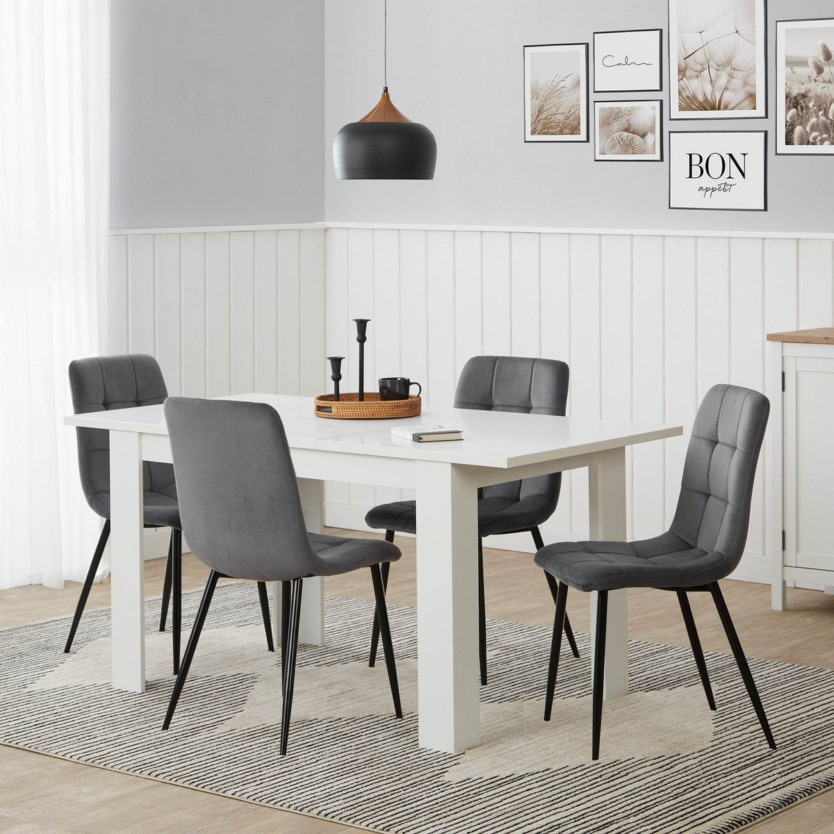Esstisch mit 4 Stühlen Set Essgruppe Samt Grau Holz Weiss 120x80 cm Massiv - Palo24