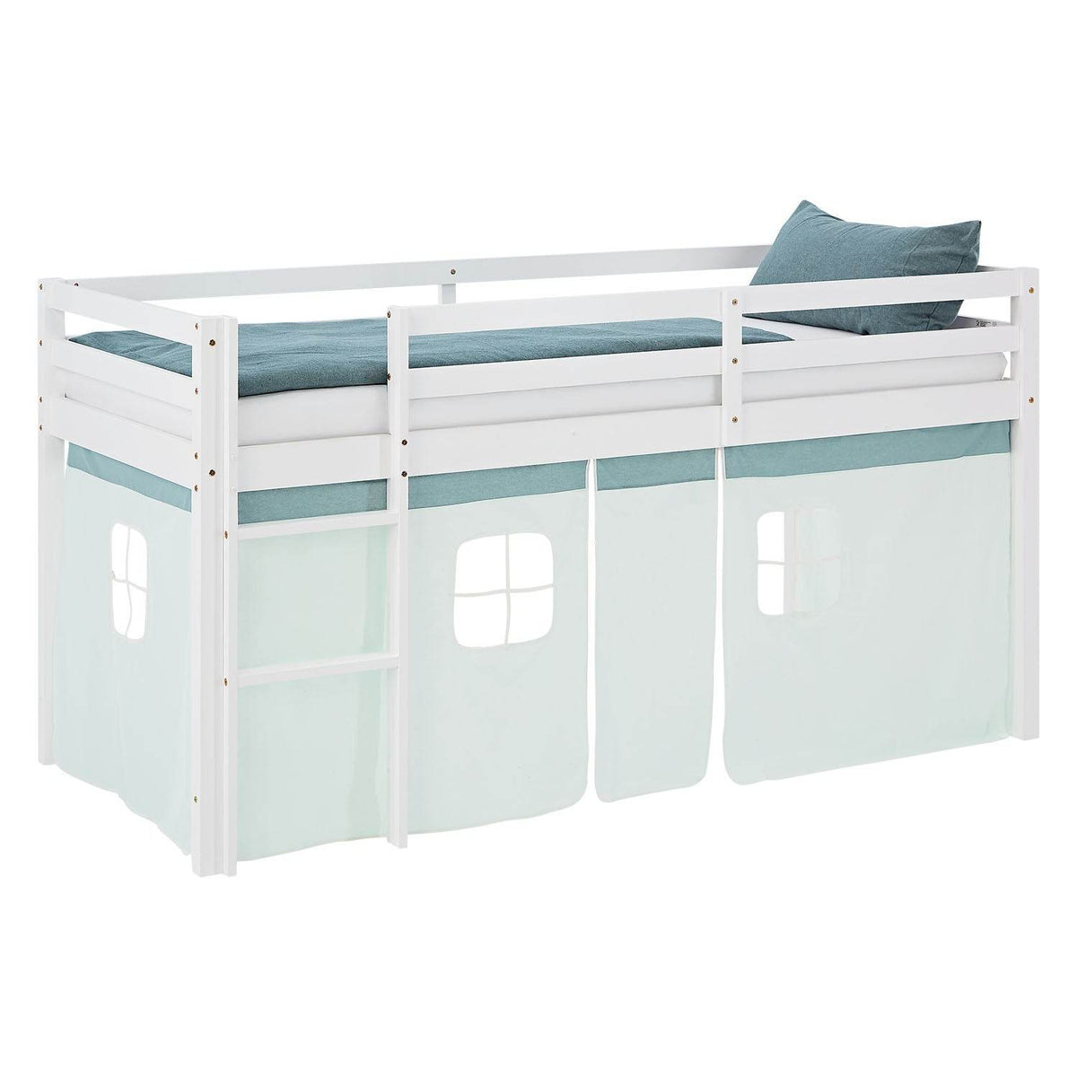 Hochbett Kinderbett 90x200 cm Vorhang Grün Mintgrün Leiter Holz Massiv Weiss - Palo24