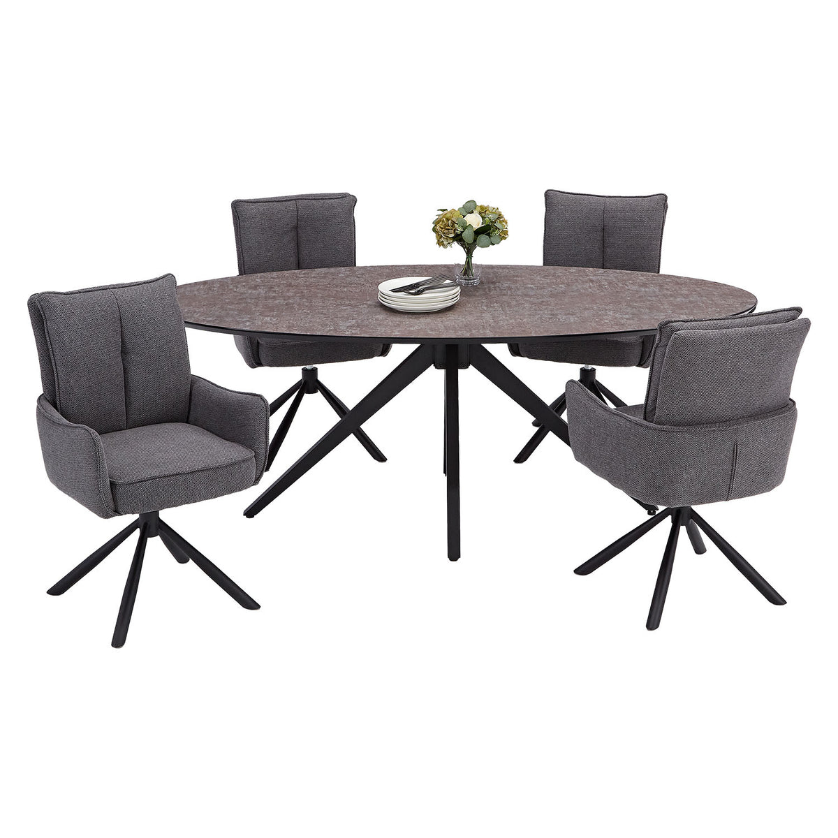 Esstisch mit 4 Stühlen Set Essgruppe Polsterstühle Drehbar Stoff Anthrazit Oval Metall Braun Schwarz