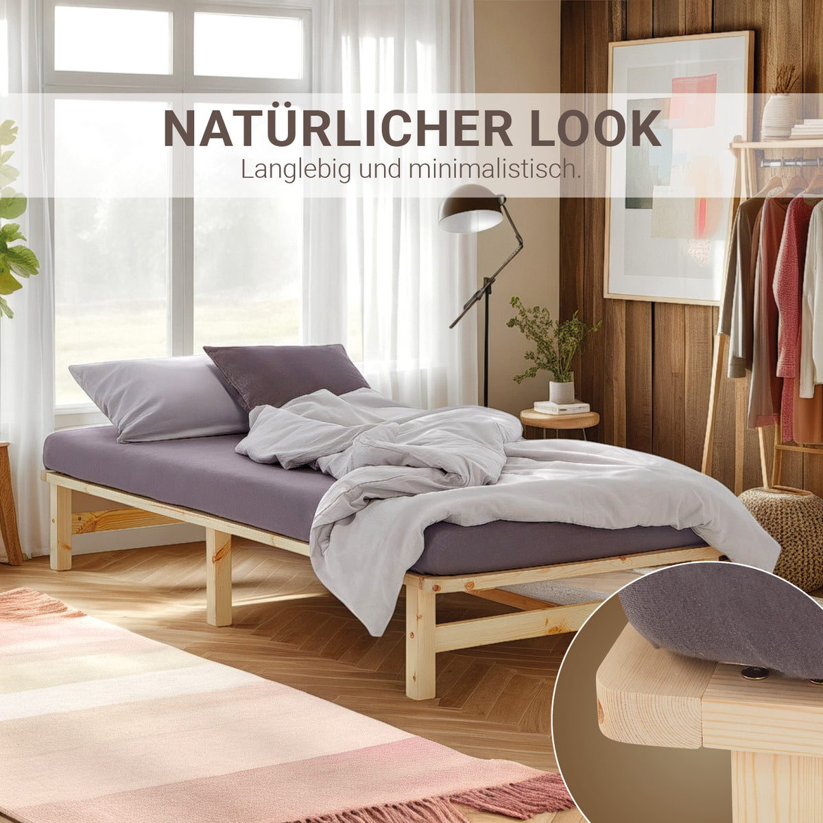Palettenbett 90x200 cm Natur | Einzelbett mit Matratze | mit Lattenrost | Holz | Jugend Gast