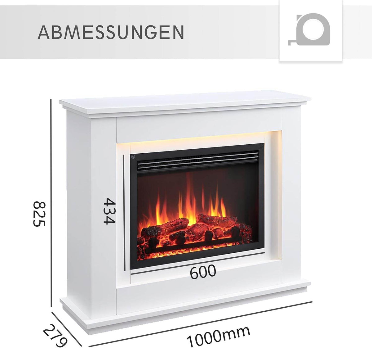 BALDERIA Baldur Elektrokamin mit Heizung bis 2000W, 3D-Flammeneffekt Weiss - Palo24