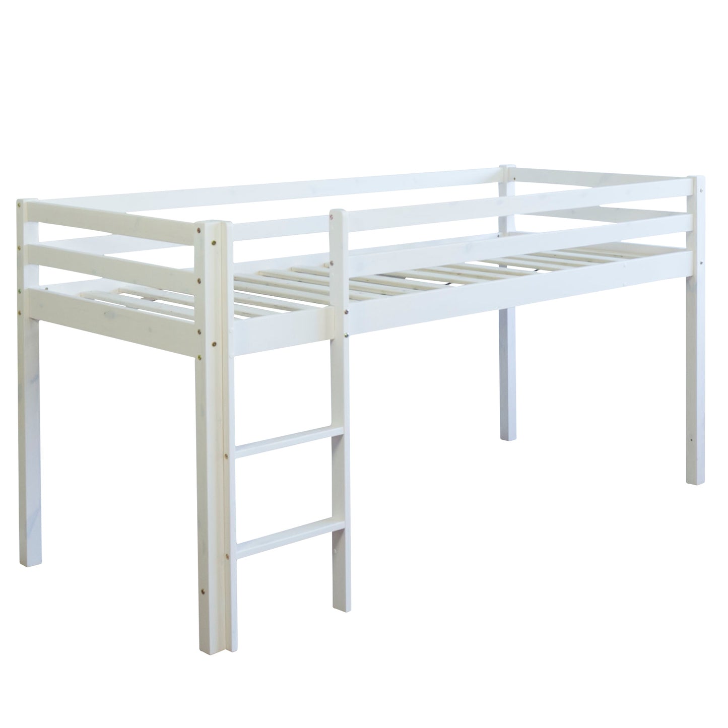 Hochbett Kinder 90x200 cm Weiss mit Vorhang in Blau | Tunnel | ohne Lattenrost