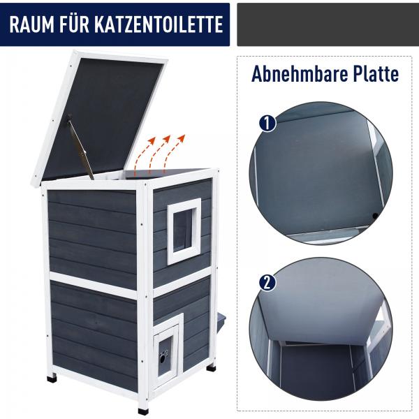 Katzenhaus 2 Etagen mit Treppen Asphaltdach Tannenholz Grau - Palo24