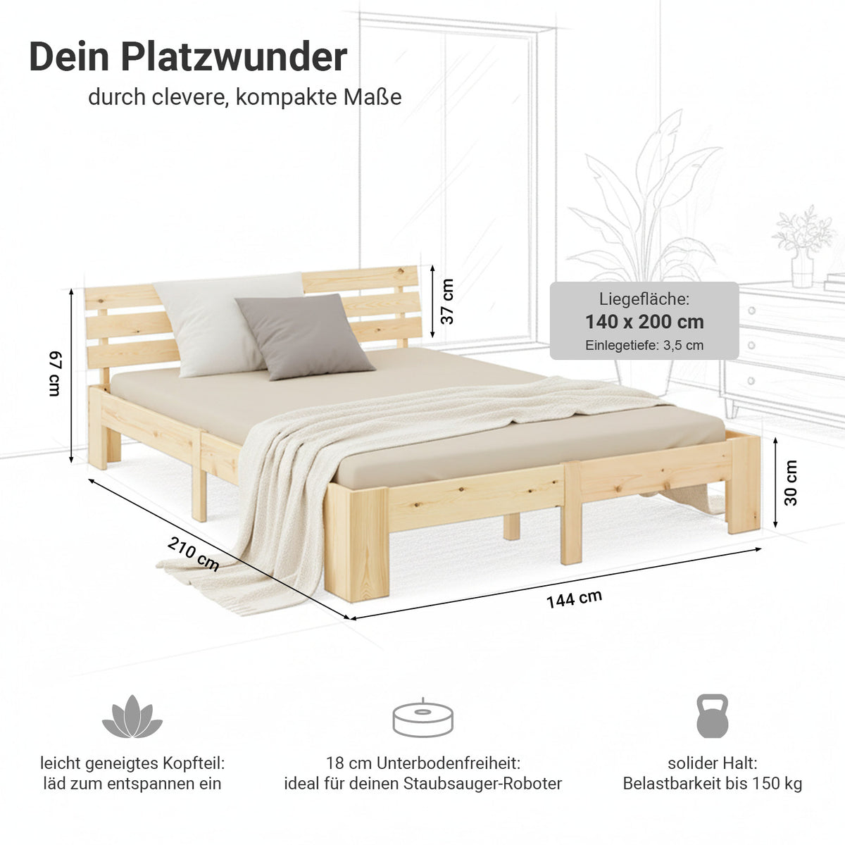 Holzbett mit Matratze 140x200 cm Natur