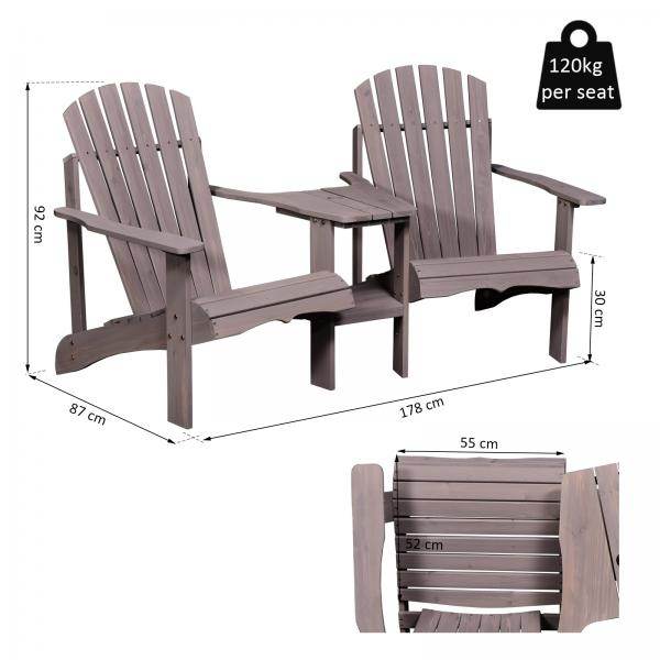 Adirondack Gartenstuhl mit Tisch und Schirmloch 2 Sitzer Gartensessel Sitzgruppe Massivholz Grau - Palo24