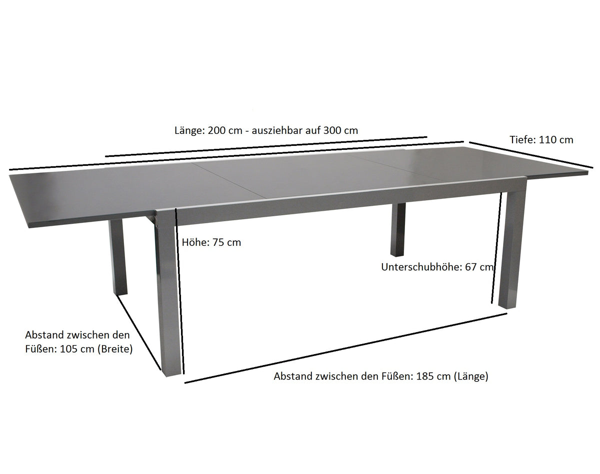 Ausziehtisch MARINA 200/300x110cm, Aluminium + Glas