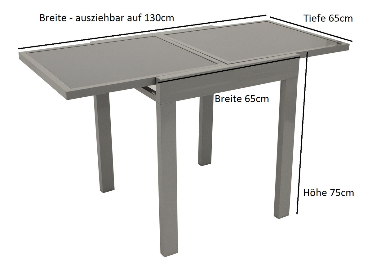 Gartentisch Balkon-Ausziehtisch 65/130x65cm, Aluminium + Glas