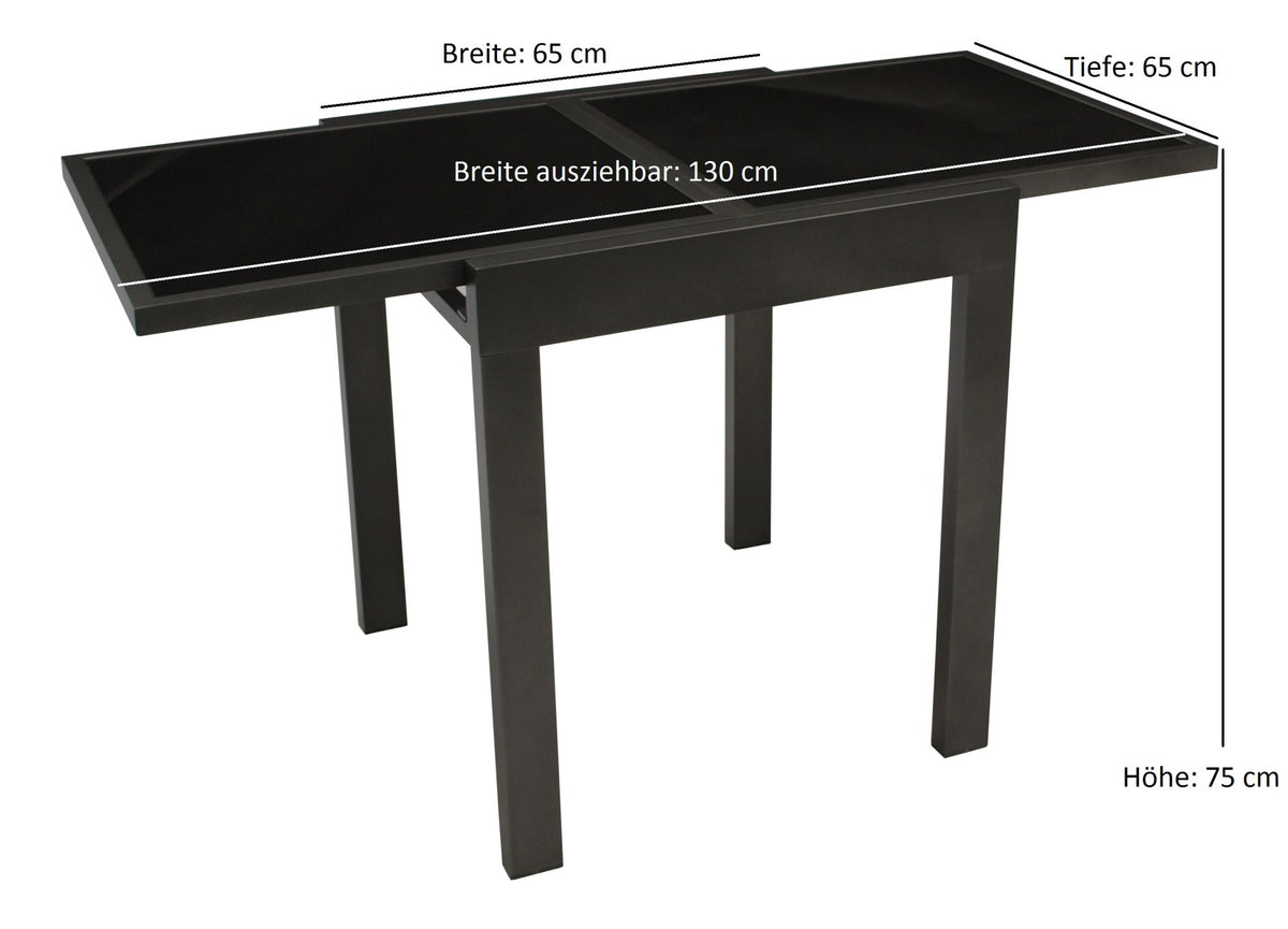 Balkon-Ausziehtisch TORINO 65/130x65cm, Aluminium anthrazit + Glas schwarz