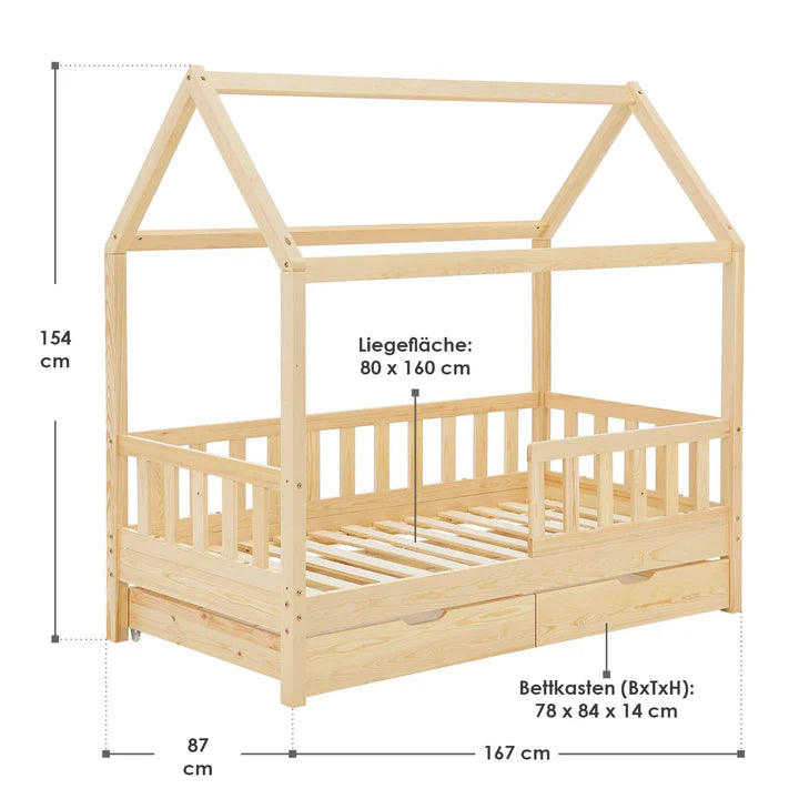 Letto per bambini Marli 80 x 160 cm con cassone e rete a doghe naturale