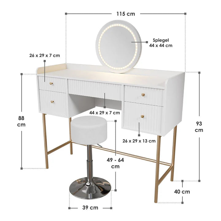 Schminktisch mit Spiegel Samira Touch-LED & Hocker Tonia