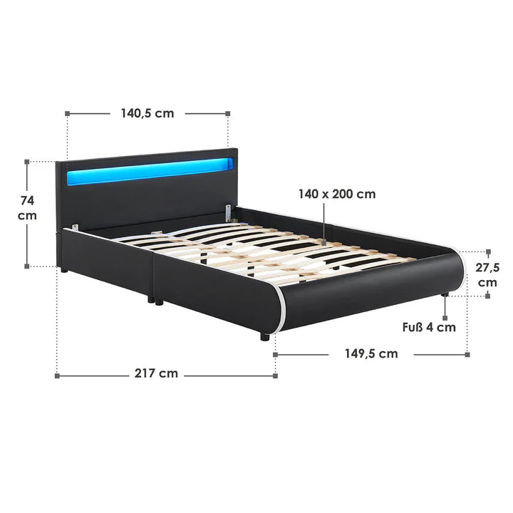 LED Polsterbett Sevilla 140 x 200 cm mit Lattenrost schwarz