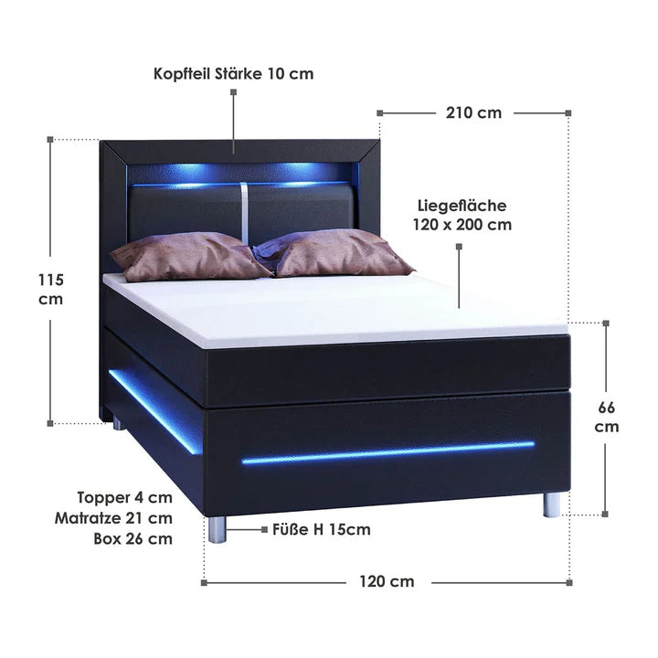 LED Boxspringbett Norfolk 120x200 cm Schwarz