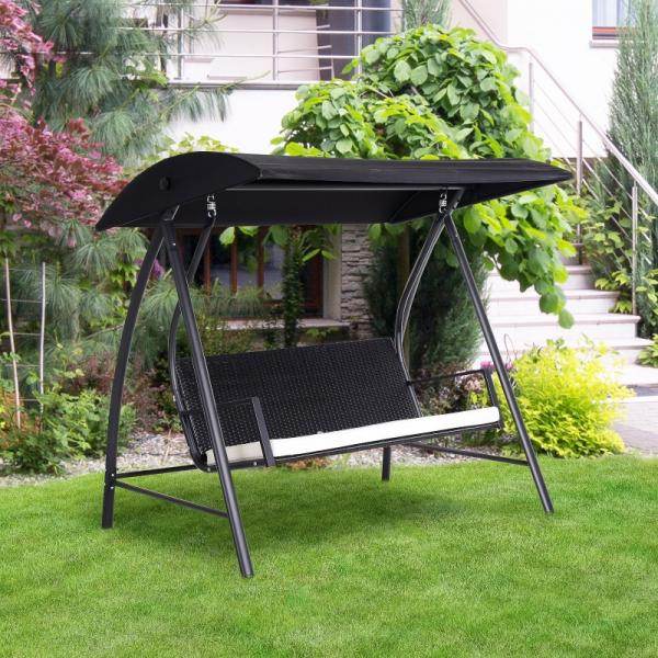 Hollywoodschaukel 3-Sitzer mit Dach Polyrattan Schwarz - Palo24