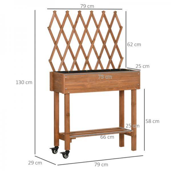 Hochbeet, integriertes Spalier, Ablageregal, Räder, Massivholz, braun, 79 x 29 x 130 cm - Palo24