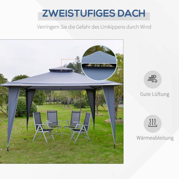 Pavillon Partyzelt mit Doppeldach 3,5x3,5x2,7m Gartenlaube Metall Polyester Grau - Palo24