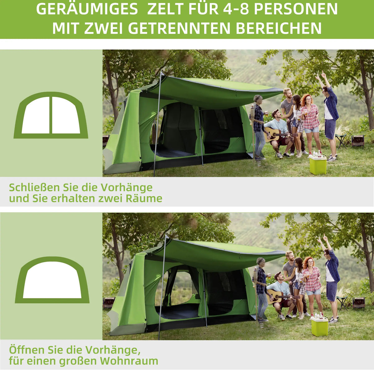 Tente de camping 2 cabines de couchage tente dôme tente familiale 4-8 personnes