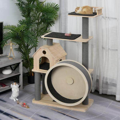 Katzenbaum mit Laufrad 4-Stock Kratzbaum mit Sisalsäulen Massivholz - Palo24