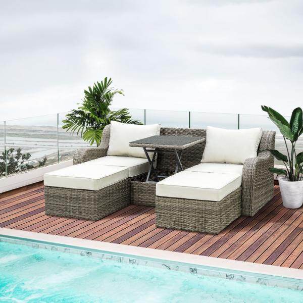 3-tlg. Polyrattan Set Gartengarnitur Sitzgruppe Loungemöbel mit Beistelltisch Kissen Hellgrau+Beige - Palo24