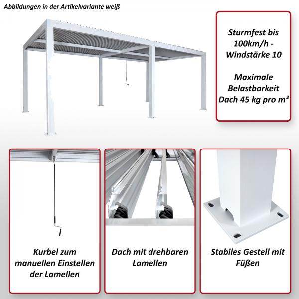 Pergola HWC-L46, Gartenpavillon Lamellen-Pavillon, 11cm-Aluminium-Gestell, Regenrinne sturmfest, 3x6m ~ weiss - Palo24