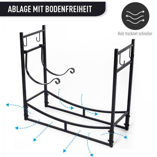 Kaminholzregal Holzständer Holzablage mit 4 Haken 2 Schichten Metall Schwarz - Palo24