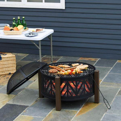 Feuerschale Feuerkorb mit Funkenschutz Grillrost Garten BBQ Schwarz+Braun - Palo24