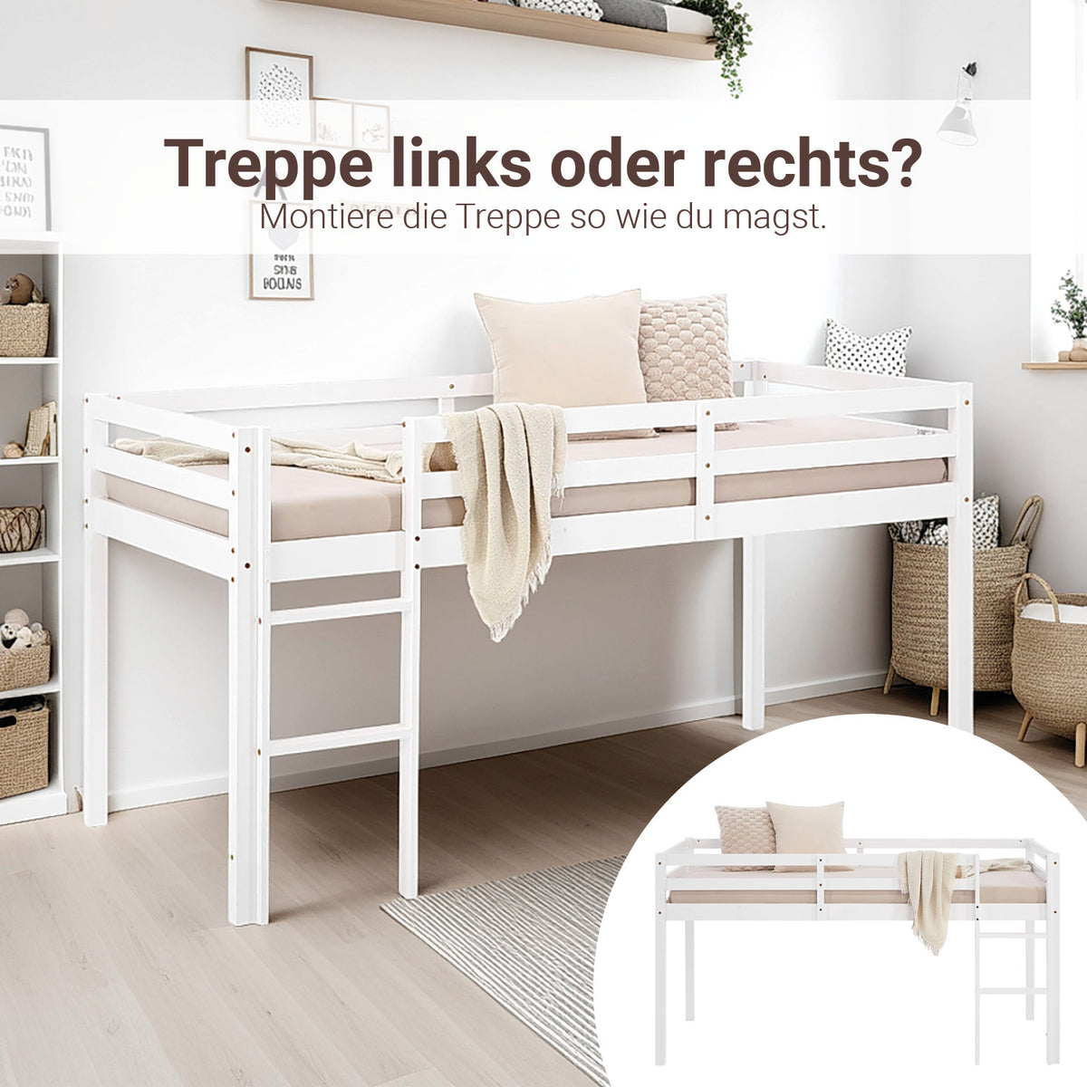 Lit mezzanine lit ludique lit enfant échelle pin blanc 90x200 lit jeunesse massif