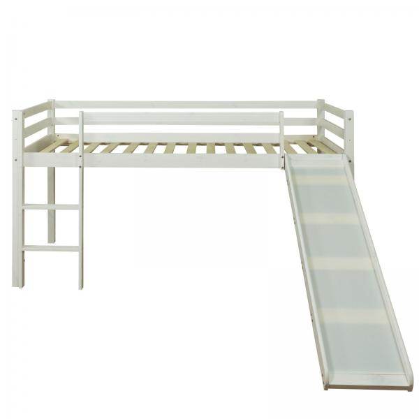 Hochbett Spielbett Kinderbett 90x200 cm Lattenrost Matratze Leiter Rutsche Weiss Holz Massiv - Palo24
