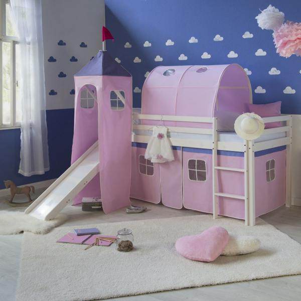 Weisses Kinder Hochbett mit Rutsche, Leiter, Stoffvorhang, Turm & Tunnel rosa, 90 x 200 cm - Palo24