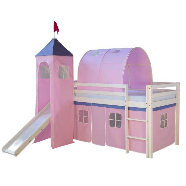 Weisses Kinder Hochbett mit Rutsche, Leiter, Stoffvorhang, Turm & Tunnel rosa, 90 x 200 cm - Palo24