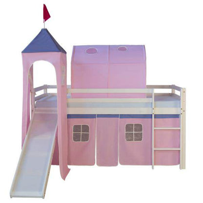 Weisses Kinder Hochbett mit Rutsche, Leiter, Stoffvorhang, Turm & Tunnel rosa, 90 x 200 cm - Palo24