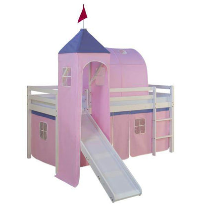 Weisses Kinder Hochbett mit Rutsche, Leiter, Stoffvorhang, Turm & Tunnel rosa, 90 x 200 cm - Palo24