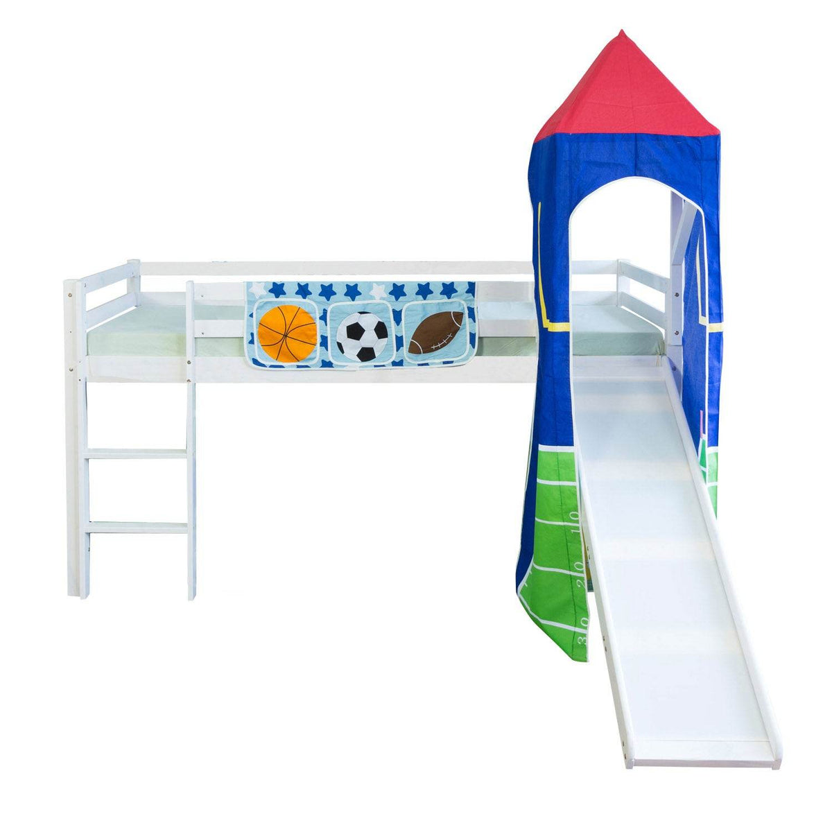 Hochbett 90x200 cm mit Leiter Rutsche Turm Bettgestell Holz Massiv Blau Grün - Palo24