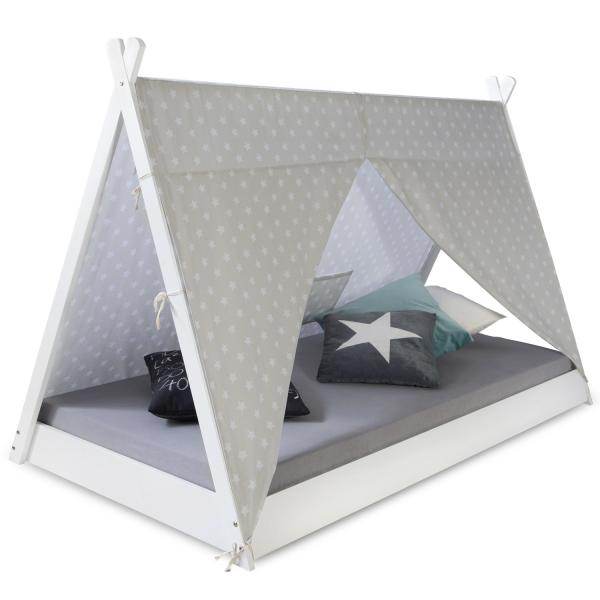 Kinderbett TIPI 90x200 Jugendbett weiss grau Holzbett Kinderzimmer Stoff - Palo24