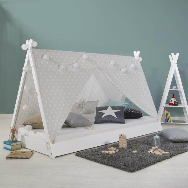 Kinderbett TIPI 90x200 Jugendbett weiss grau Holzbett Kinderzimmer Stoff - Palo24