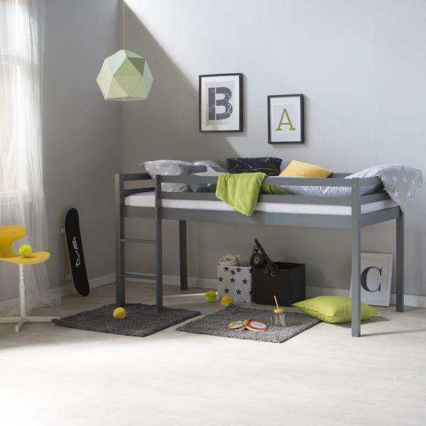 Hochbett Spielbett Kinderbett 90x200 cm Lattenrost Matratze Leiter Rutsche Weiß Grau Holz Massiv - Palo24