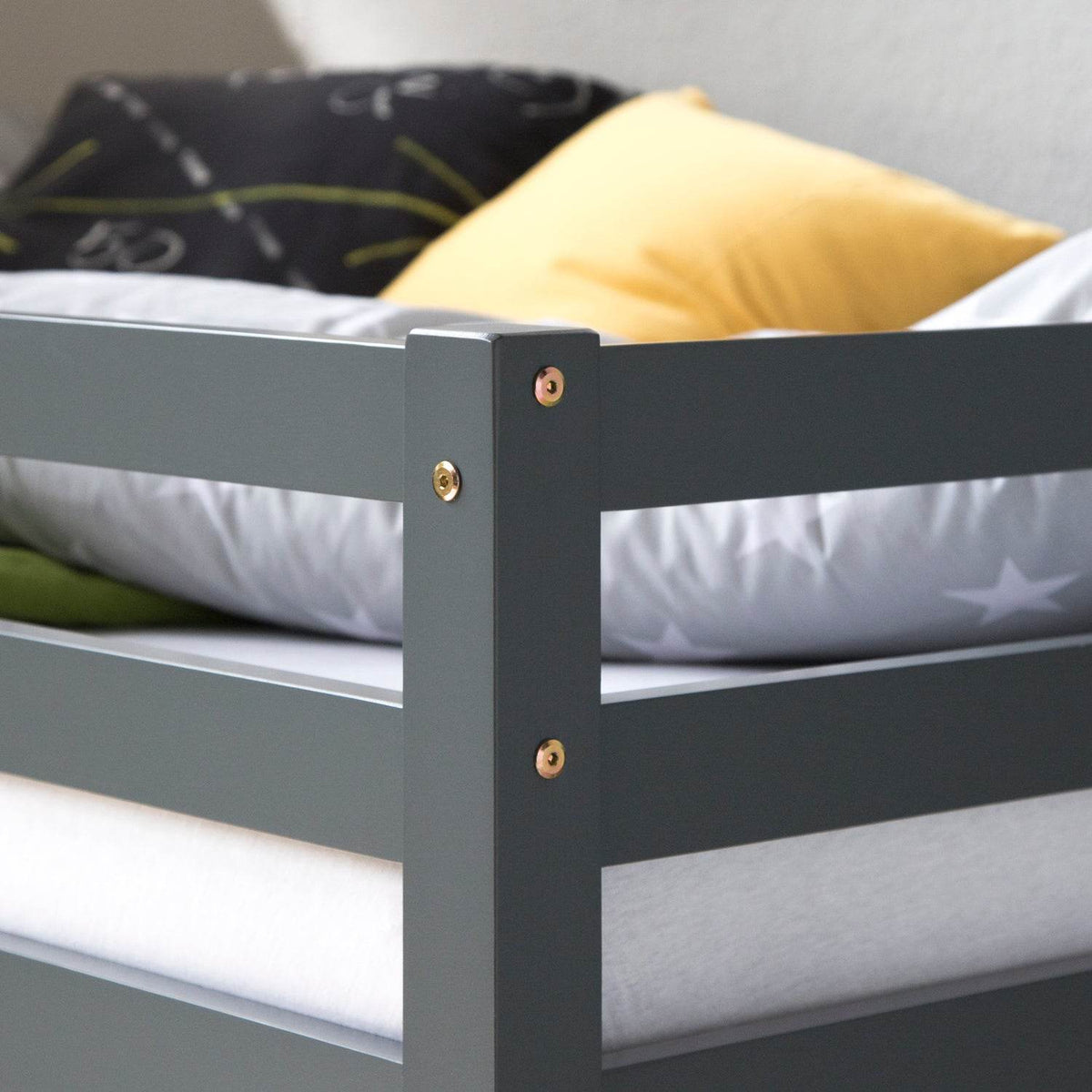 Hochbett Spielbett Kinderbett Kiefer Leiter Vorhang grau 90x200 Tunnel - Palo24