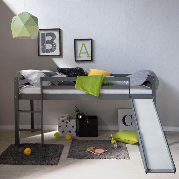 Hochbett Spielbett Kinderbett Leiter Rutsche Kiefer 90x200 grau Jugendbett - Palo24