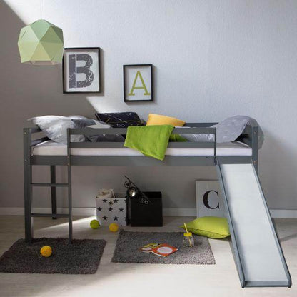 Hochbett Spielbett Kinderbett Leiter Rutsche Kiefer 90x200 grau Jugendbett - Palo24