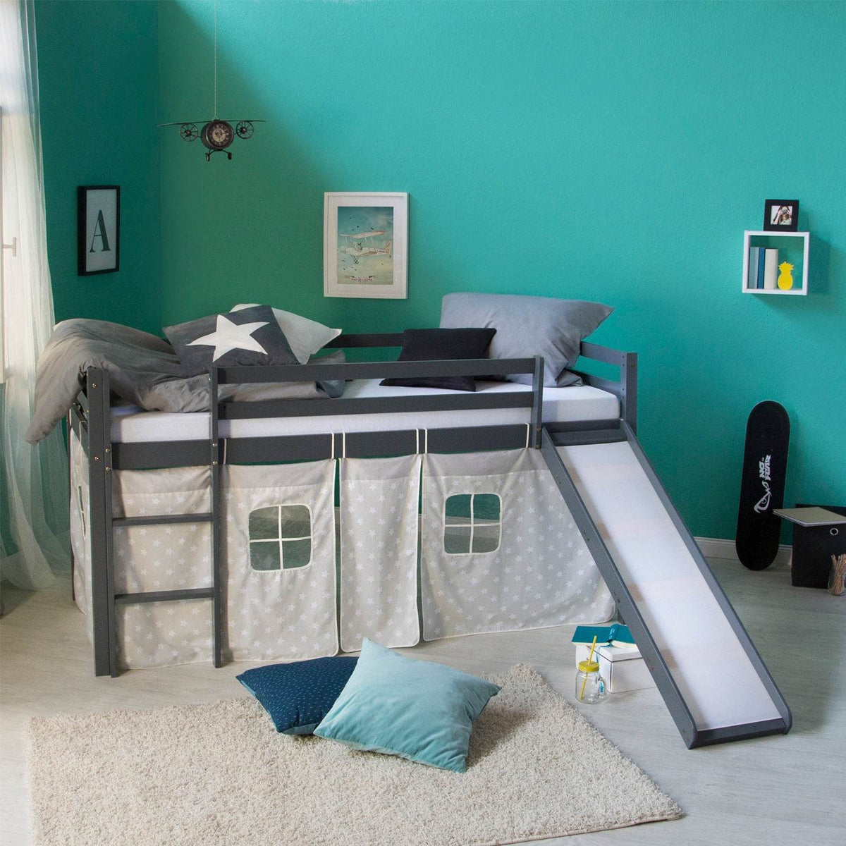 Hochbett mit Lattenrost 90x200 Stockbett Grau Kinderbett Holz - Palo24