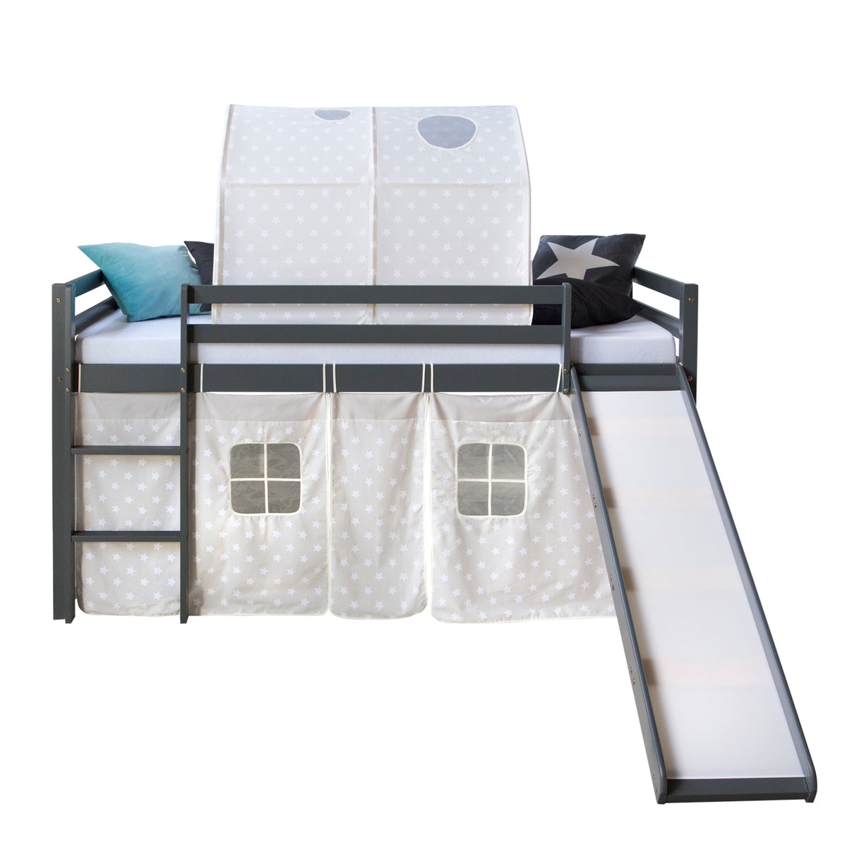 Hochbett Kinder 90x200 cm Grau mit Vorhang Sterne | Tunnel | Rutsche | ohne Lattenrost