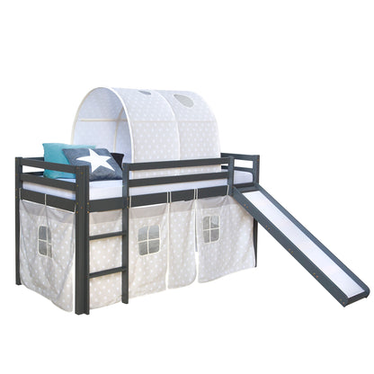 Hochbett Kinder 90x200 cm Grau mit Vorhang Sterne | Tunnel | Rutsche | ohne Lattenrost