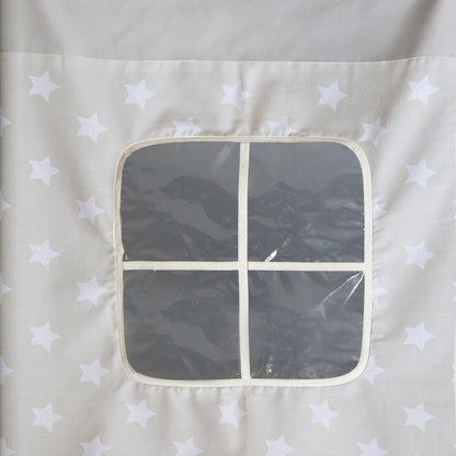 Hochbett Kinder 90x200 cm Grau mit Vorhang Sterne | Tunnel | Rutsche | ohne Lattenrost
