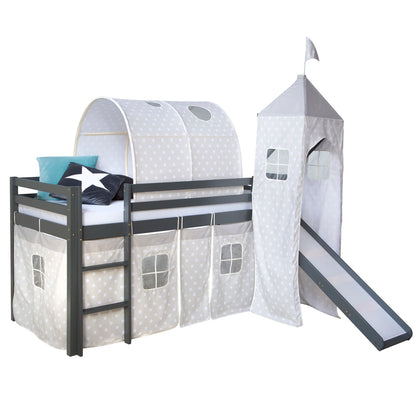 Hochbett Kinder 90x200 cm Grau mit Vorhang Sterne | Tunnel | Turm | Rutsche | ohne Lattenrost
