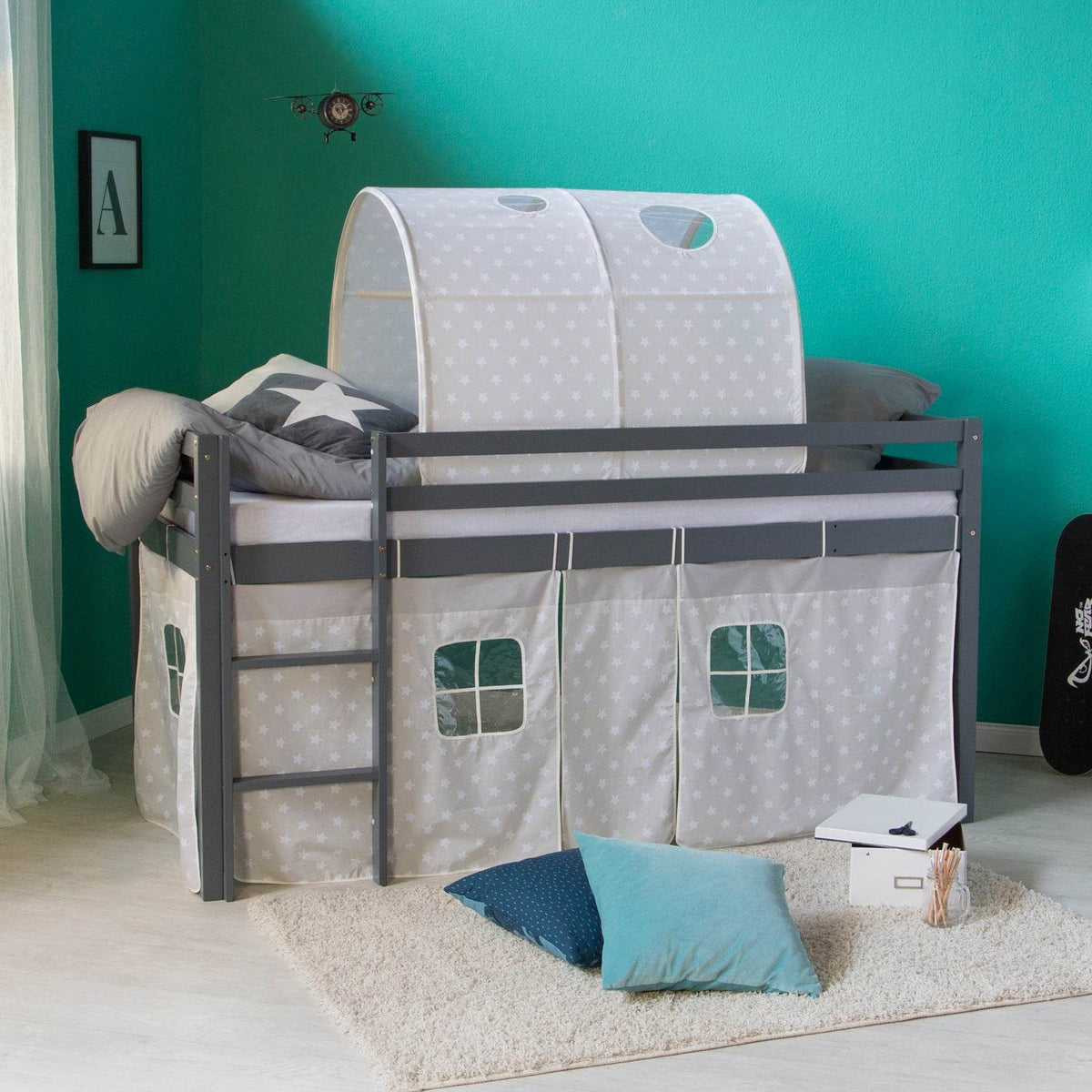 Hochbett mit Lattenrost 90x200 cm Grau Kinderbett Tunnel Vorhang Sterne Holz Kiefer - Palo24