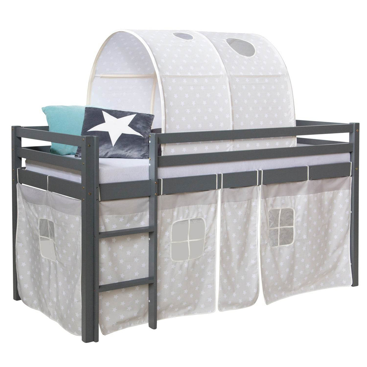Hochbett mit Lattenrost 90x200 cm Grau Kinderbett Tunnel Vorhang Sterne Holz Kiefer - Palo24