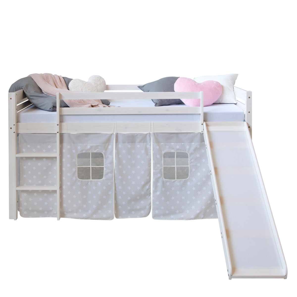 Hochbett Kinder 90x200 cm Weiss mit Vorhang Sterne | Rutsche | ohne Lattenrost