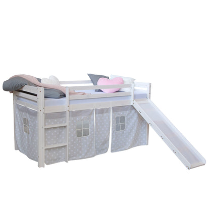 Hochbett Kinder 90x200 cm Weiss mit Vorhang Sterne | Rutsche | ohne Lattenrost