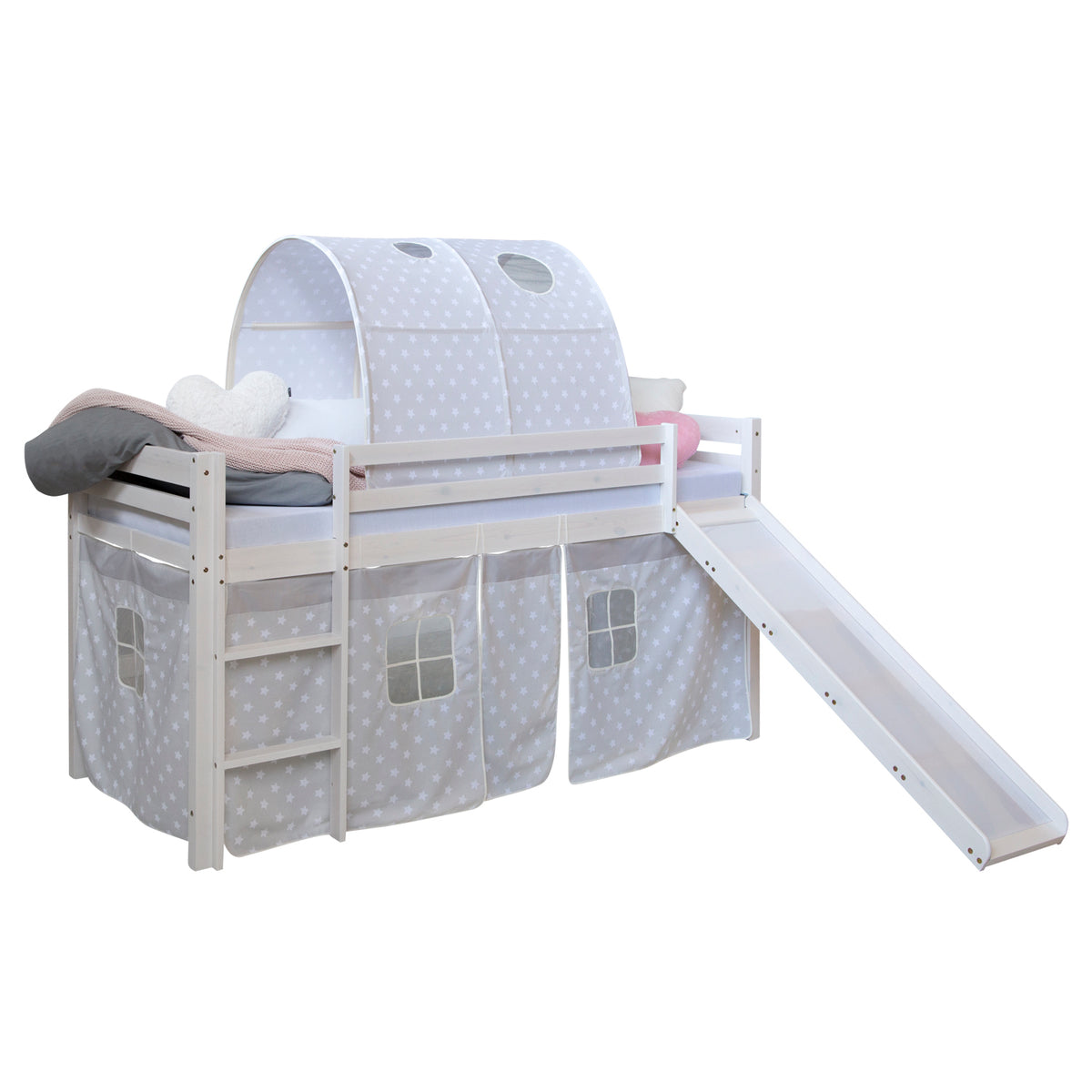 Hochbett Kinder 90x200 cm Weiss mit Vorhang Sterne | Tunnel | Rutsche | ohne Lattenrost